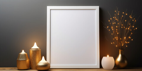 White frame is surrounded by christmas decorations including candles, pine cones, pine tree branches and ornaments on a wooden surface. Merry Christmas and New Year! Copy space. Mock up