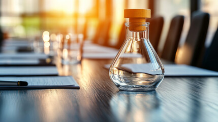 Scientific and science tools on a meeting table representing the role of scientific advisory boards in business strategy and innovation in industry at top level of management background