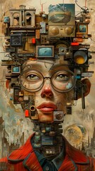 A surreal portrait of a person with a head made of various objects, including televisions, cameras, and gears.