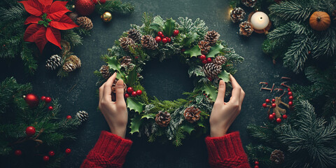 Woman making on a classic christmas wreath with fir branches, pine cones and red berries on a rustic wooden table. Handmade. Happy New Year and Merry Christmas. Flat lay, top view.