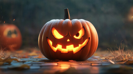 A cartoon pumpkin with a spooky face.