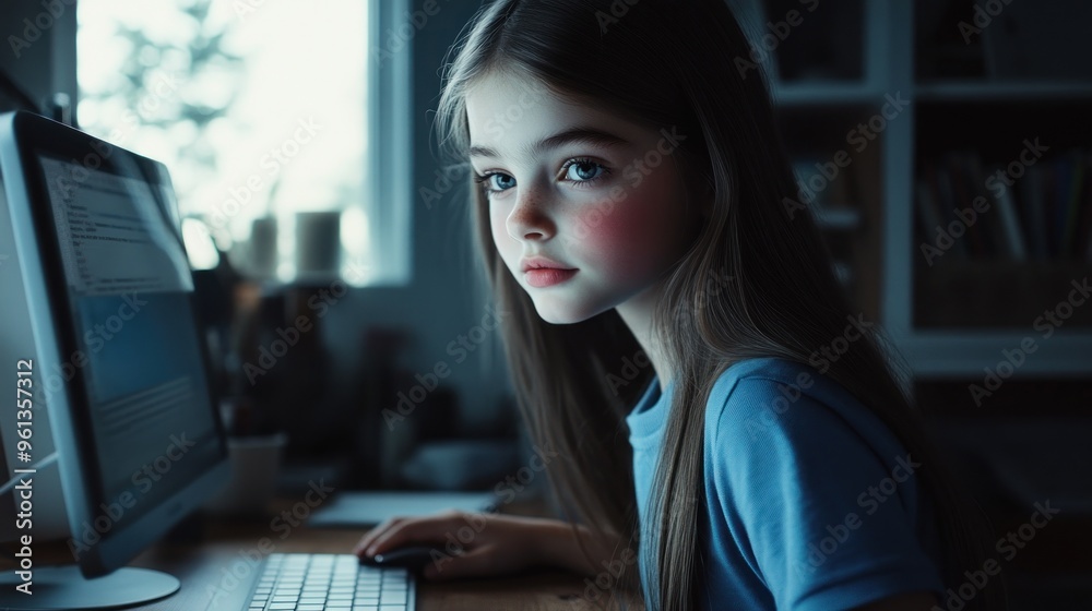 Canvas Prints A girl intently focused on a computer screen in a cozy indoor setting.