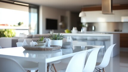 Envision a sleek, white table in a modern kitchen, paired with stylish chairs.