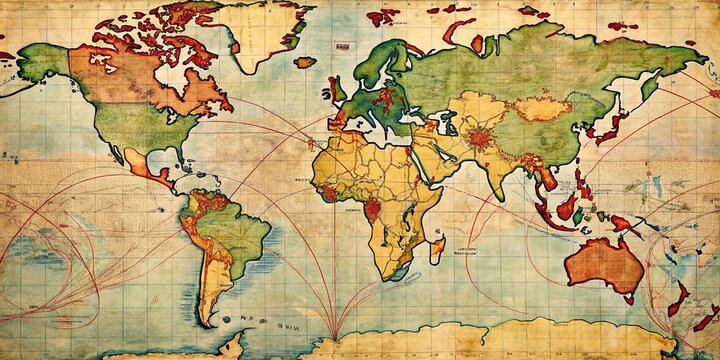 Vintage world map from 1940s wartime era displaying military campaign trajectories, territorial occupations, and strategic Axis and Allied forces' movements during World War II.
