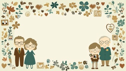 Obraz premium Family Portrait Illustration with Floral Border and Hearts