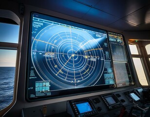 Advanced maritime navigation radar screen glowing in a dimly lit ship's bridge