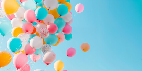 Colorful balloons floating against a blue sky background 