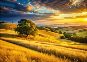 Obraz premium Warm golden light illuminates a rolling hill of vibrant yellow grass swaying gently in the breeze on a serene summer afternoon landscape.