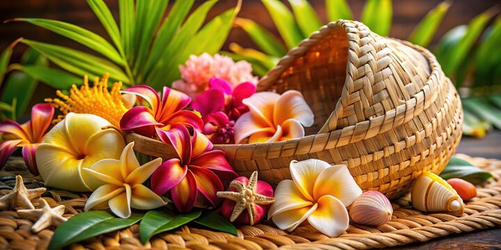 Warmly lit Guam-inspired background features traditional woven basket, fragrant flowers, and colorful shell decorations, symbolizing hospitality and warm welcome, representing the Chamorro phrase.