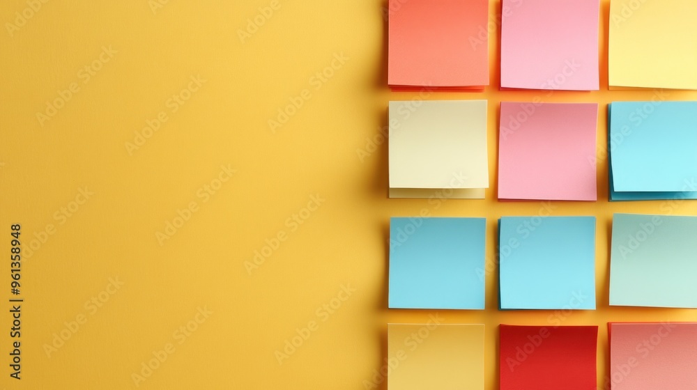 Canvas Prints A grid of colorful sticky notes on a yellow background, ideal for brainstorming or organization.