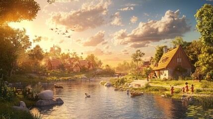 3D cartoon landscape featuring a magical tree with children playing beneath, a clear blue sky above with plenty of room for text.