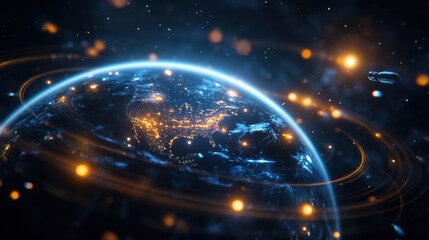 planet with orbiting satellites, set against a backdrop of glowing celestial bodies