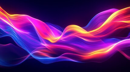 Obraz premium Abstract fluid 3D rendering of an iridescent holographic neon curved wave in motion on a dark backdrop. Suitable as a gradient design element for various applications, including banners, backgrounds