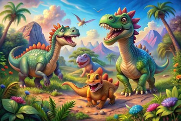 Fototapeta premium Whimsical colorful illustrations of happy smiling dinosaurs, including a T-Rex, Triceratops, and Stegosaurus, playful and lively in a fantasy prehistoric landscape.