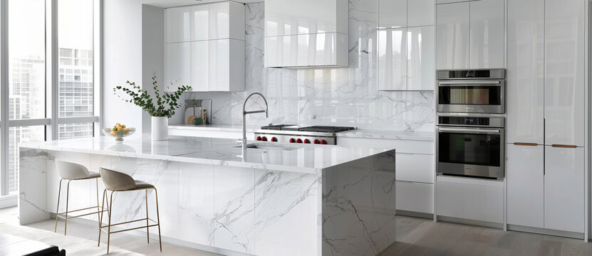 The contemporary kitchen showcases sleek white cabinetry along with stunning marble countertops and highend appliances, all set in a wonderfully bright space