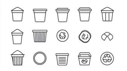 A collection of trash can icons in simple outline style.