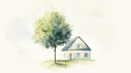 Charming Watercolor House with Tree in Serene Landscape
