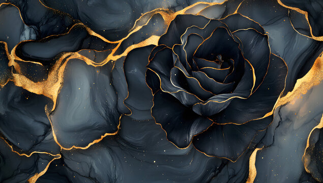 Black, grey, and black roses marble texture with gold veins, alcohol ink background, luxury wallpaper, elegant design for interior decoration, wall mural or poster print, close-up.