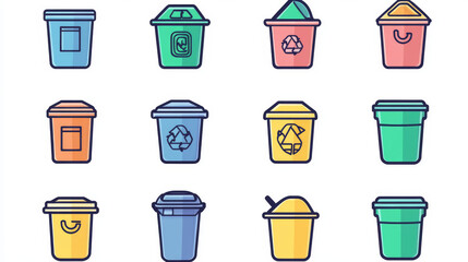 A collection of trash can icons in simple outline style.