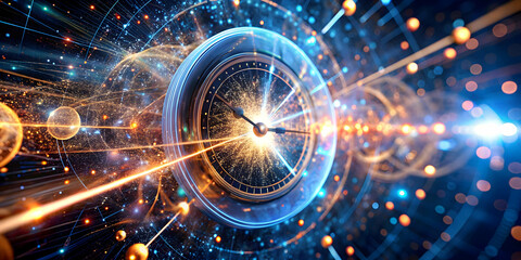 Time Warp: A vintage clock face warps through a vibrant, abstract digital landscape, symbolizing the convergence of past, present, and future in the realm of technology and innovation.  