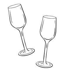 two wine glasses outlined in black, with one glass standing upright and the other laid on its side, creating a minimalist and visually appealing composition.