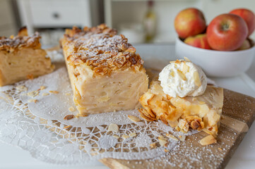 Apple loaf pan cake with almond topping fresh and homemade baked on kitchen counter