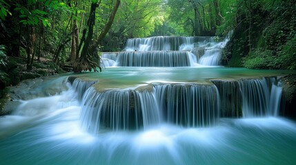 Serene Waterfall Cascading Through Lush Green Forest