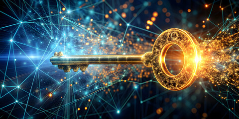 Golden Key to Digital Success: An ornate golden key glows amidst a network of data, symbolizing access, innovation, and the boundless opportunities in the digital world.