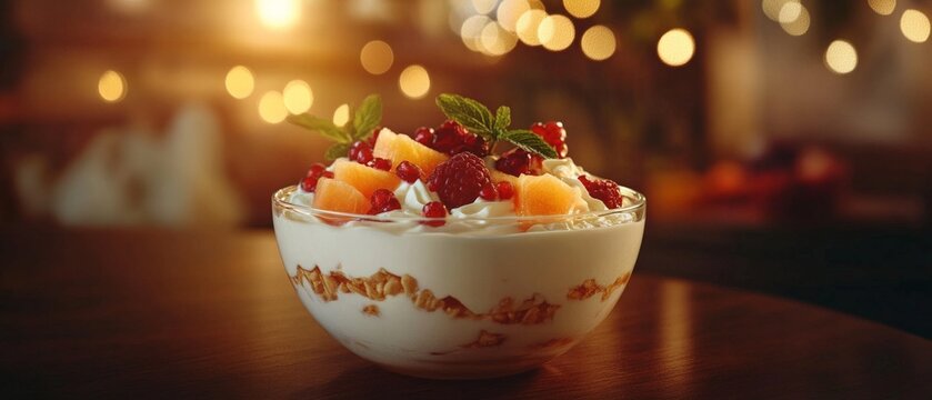 Delicious Fruit Parfait with Cream and Cereal.