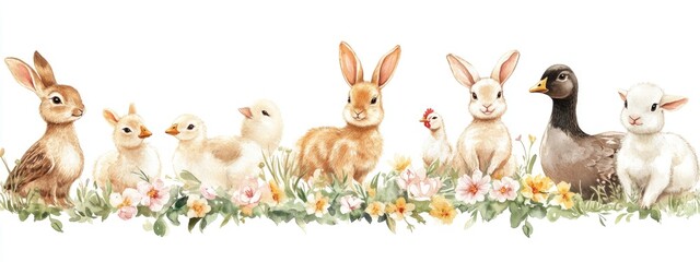 Charming Watercolor Illustration of Adorable Animals Surrounded by Flowers and Nature