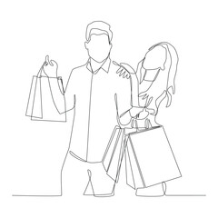 Single continuous line drawing young happy romantic couple holding paper bags while shopping together at mall,  One line draw vector graphic design illustration.