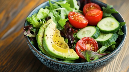 A colorful bowl of mixed salad with fresh greens, cherry tomatoes, cucumbers, and avocado slices, drizzled with olive oil.