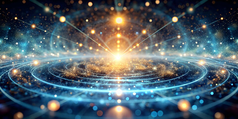 Cosmic Dance: Abstract cosmic background with glowing light and particles swirling in a mesmerizing dance.  A vibrant abstract representation of the universe, full of mystery, wonder, and potential.