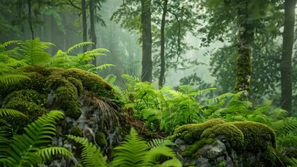 A lush forest scene with ferns and moss covered rocks, bathed in the soft light of a misty morning, A misty morning scene with dew-covered ferns and moss-covered boulders - Powered by Adobe