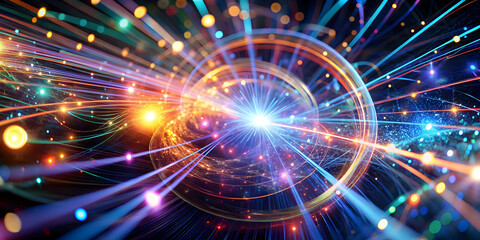 Obraz premium Cosmic Convergence: A mesmerizing abstract image of vibrant colors and ethereal light, swirling in a chaotic symphony of energy and motion. Representing the interconnectedness of all things, 