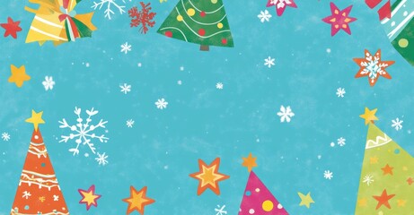 Various Christmas decorations that are hanging on blue background with snowflakes falling on them