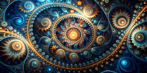 Abstract Gears: A mesmerizing fractal pattern of intricately woven gears in shades of blue, gold, and orange. The design evokes a sense of intricate movement and complex mechanisms.  