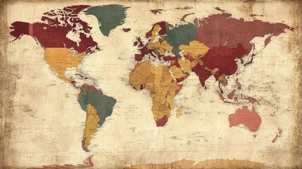 Envision an elegant world map printed on a large canvas. The map is framed and mounted on a wall, showcasing a sophisticated color palette