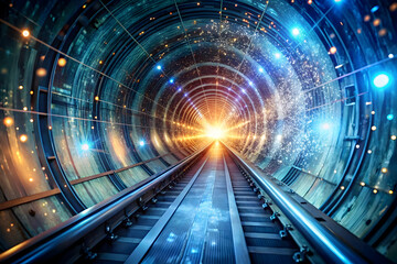 Into the Digital Future: A futuristic train tunnel with shimmering lights and a bright, glowing portal at the end. This captivating image evokes a sense of innovation, progress, 