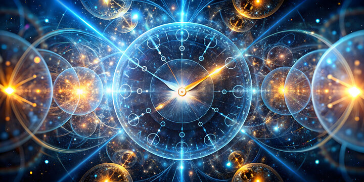 Timeless Abstract: A mesmerizing abstract artwork featuring a clock face at the center with glowing orbs and swirling lines, creating a sense of time's cyclical nature and the beauty of the universe. 