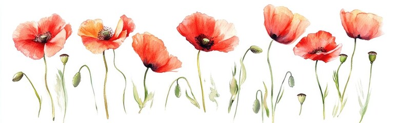 Naklejka premium Beautiful Watercolor Poppy Flowers in Vibrant Colors for Floral Decor and Nature Inspiration
