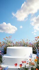 A white podium surrounded by wildflowers and a blue sky with clouds, an enchanting backdrop for product display.