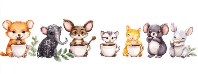 Adorable Animal Friends Enjoying Coffee in a Whimsical Illustrative Scene