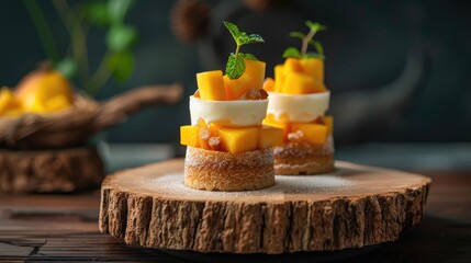 Mango and dessert showcase on wooden log stand.