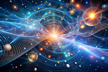 Obraz premium Cosmic Dance of Energy: A mesmerizing visualization of quantum particles interacting within a vibrant energy field, symbolizing the interconnected nature of the universe. Ideal for science, technology