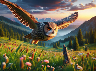 Fototapeta premium Owl flying in misty forest in the morning.