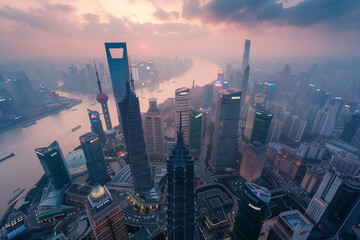 Obraz premium Aerial View of Skyscrapers in an Urban Cityscape