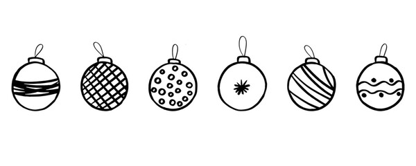Doodle christmas ball set. Hand drawn sketch style toys. Christmas bauble with black line collection. Isolated vector illustration.