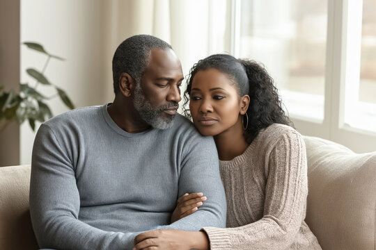 Sad senior couple sits on a home sofa, showing worry and offering support, reflecting real emotions and marriage complexities