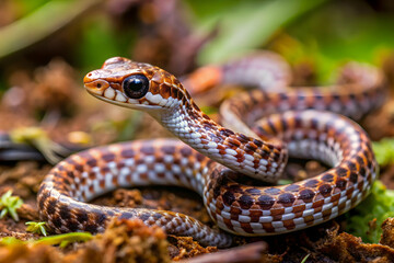 Obraz premium Curious Serpent: A small, colorful snake with a patterned skin and dark eyes, curled on a bed of moss and leaves. The snake's curious gaze and textured scales create a captivating image for wildlife e